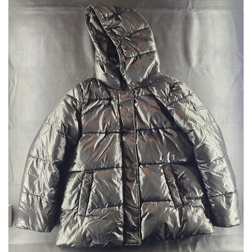 Two by Vince Camuto Shiny Black Hooded Puffer Jacket Recycled Insulation Large
